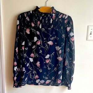 miami Black Floral Long Sleeve Blouse with Pink and White Flowers